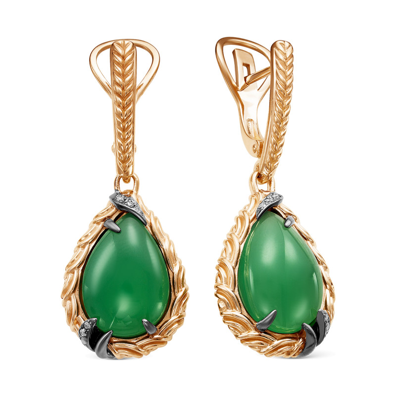 Серьги с зелёным агатом и фианитами