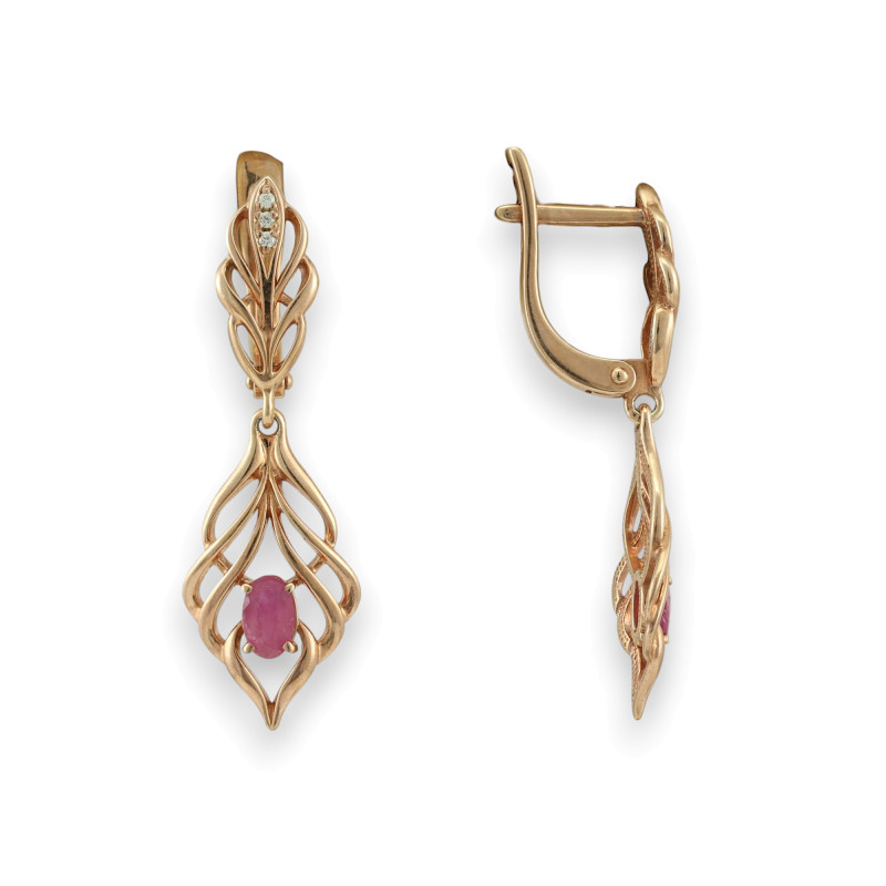 Позолоченные серьги с рубином и фианитами