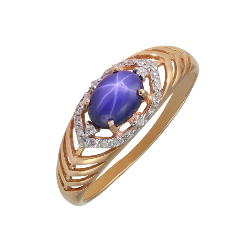 Золочёное кольцо с сапфиром и фианитами