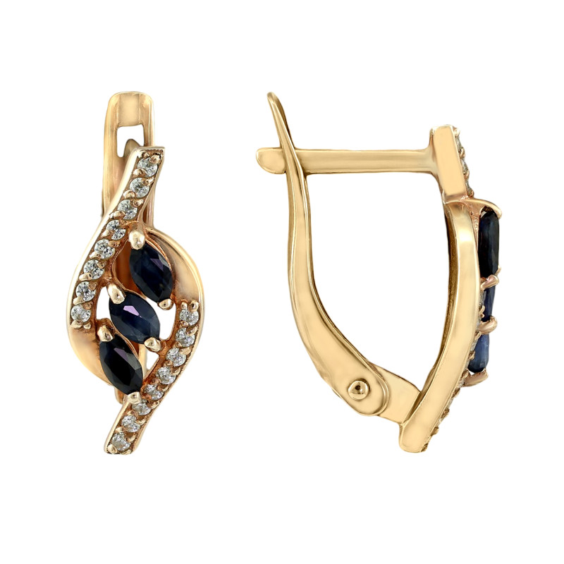 Серьги позолоченные с сапфиром и фианитами