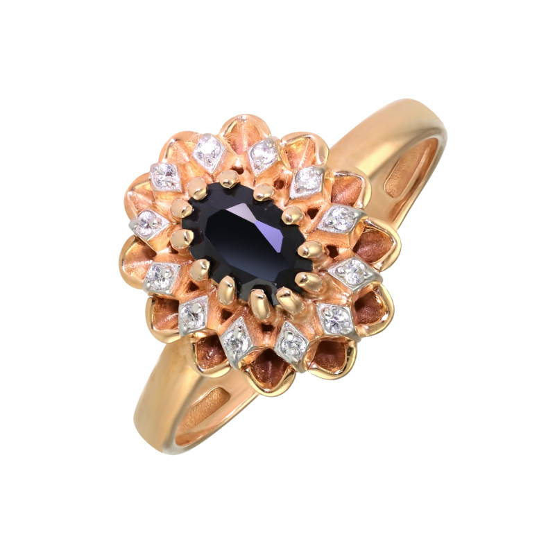 Позолоченное кольцо с сапфиром и фианитами