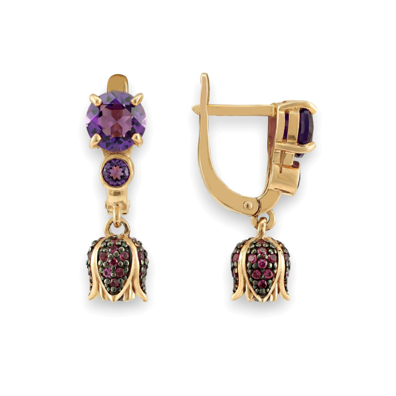 Серьги из серебра с рубинами и аметистами