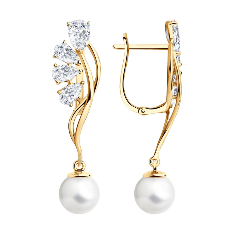 Позолоченные серьги из серебра с жемчугом и фианитами