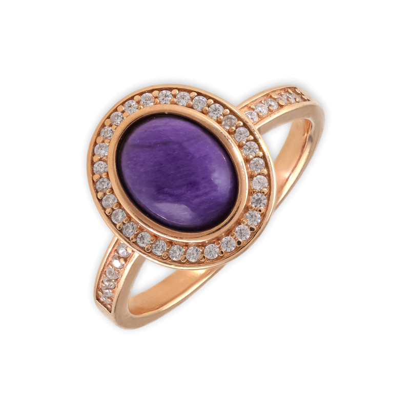 Кольцо серебряное с чароитом и фианитами