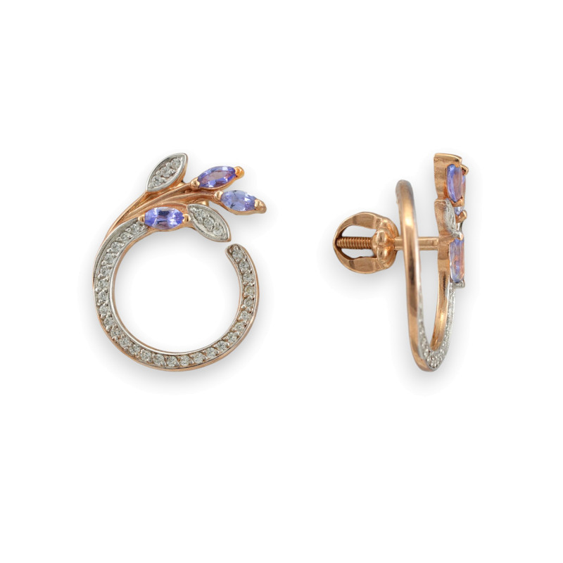 Серьги-пусеты с танзанитом и фианитами