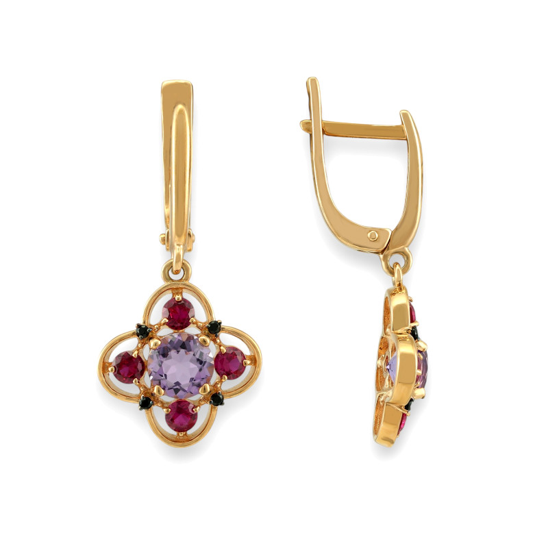 Серьги из серебра с рубином, аметистом и фианитами