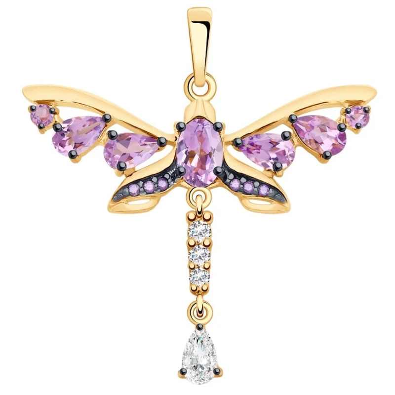 Подвеска "Стрекоза" с аметистами и фианитами