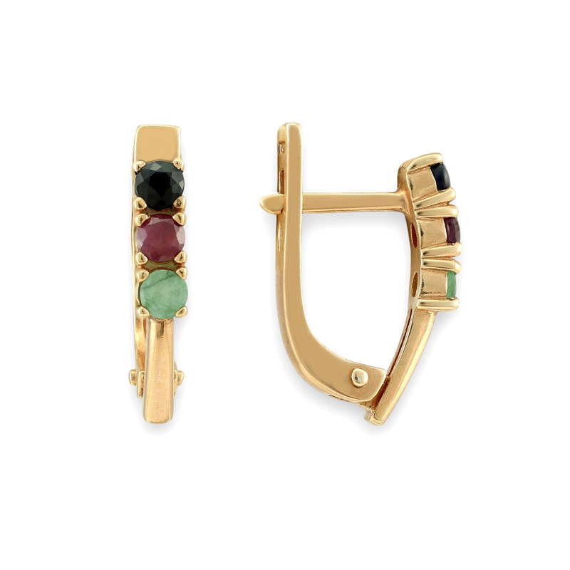 Серьги с натуральными рубинами, сапфирами и изумрудами