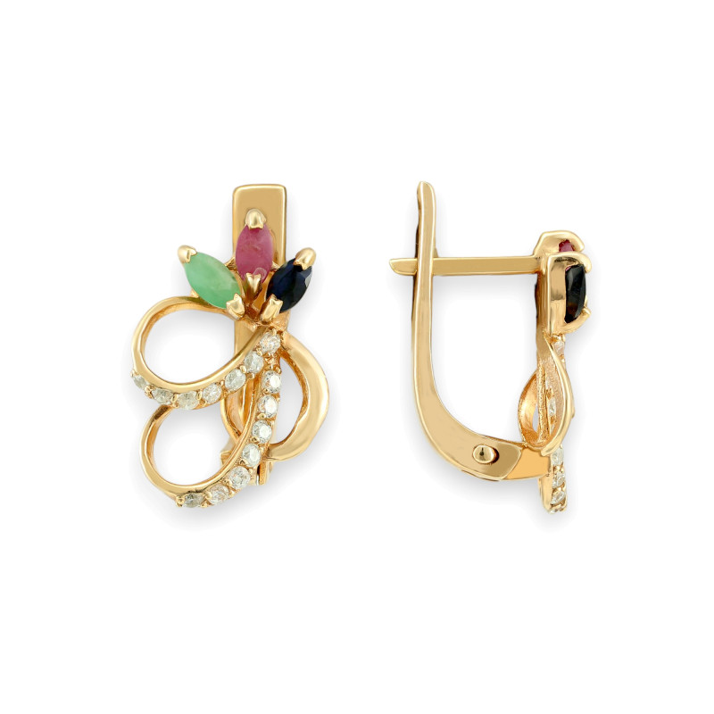Серьги с натуральными рубинами, сапфирами и изумрудами