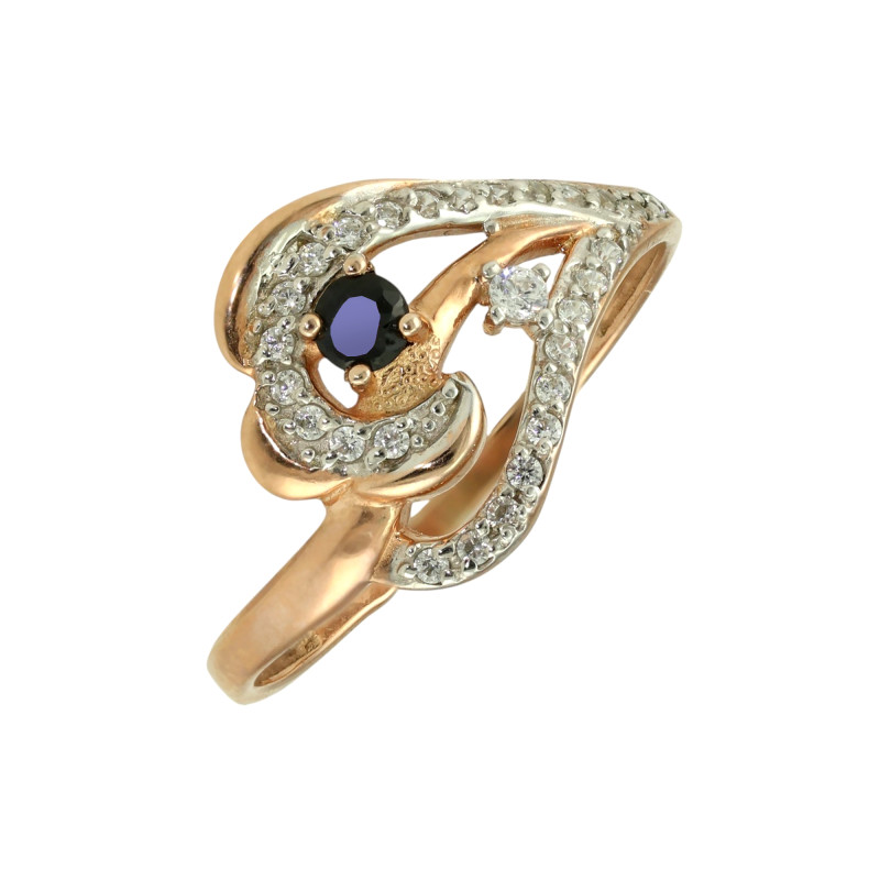 Серебряное кольцо с фианитами и сапфиром