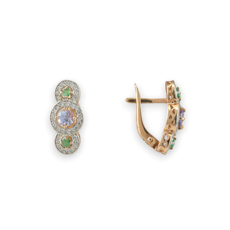 Серьги с натуральными танзанитом и изумрудом