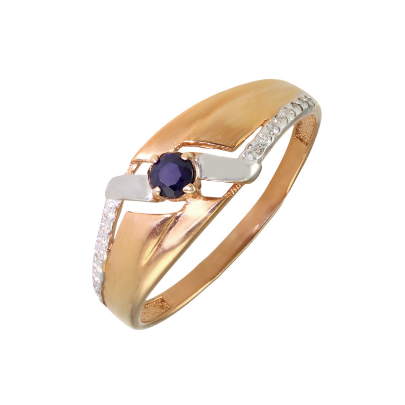 Золочёное кольцо с сапфиром и фианитами