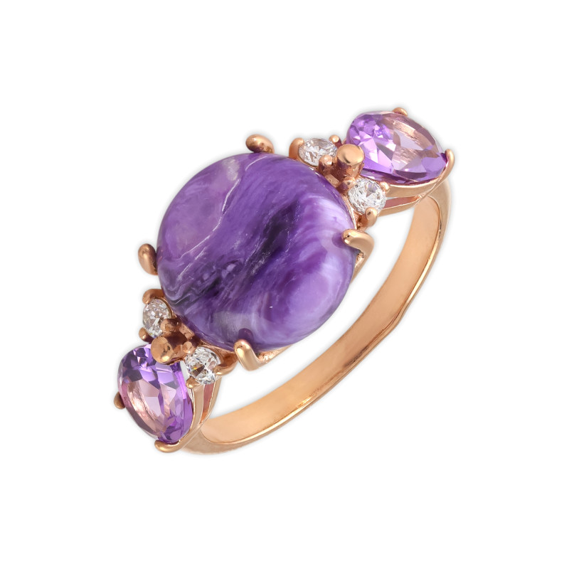 Серебряное кольцо с чароитом и аметистами