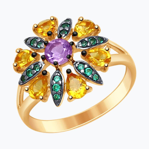 Серебряное кольцо с фианитом, цитрином и аметистом