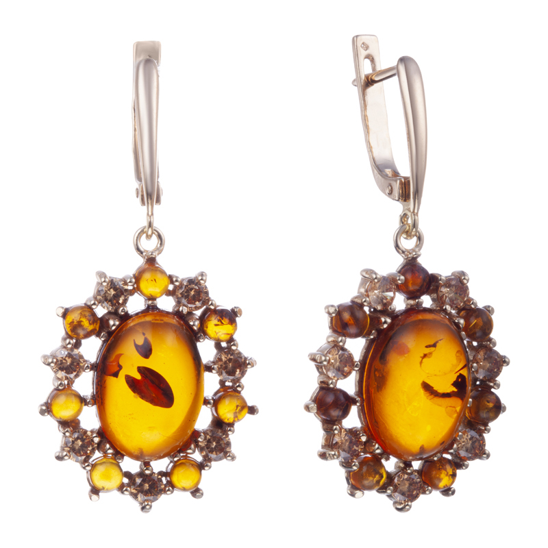 Серьги с янтарём и фианитами