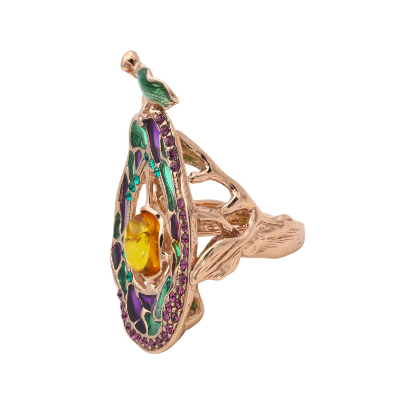 Кольцо с янтарём и фианитами