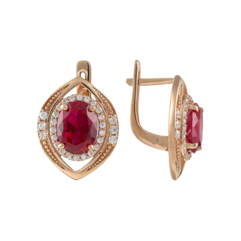 Серьги с синтетическим рубином и фианитами