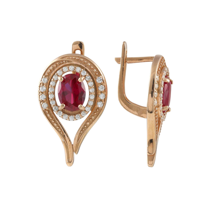 Серьги с синтетическим рубином и фианитами