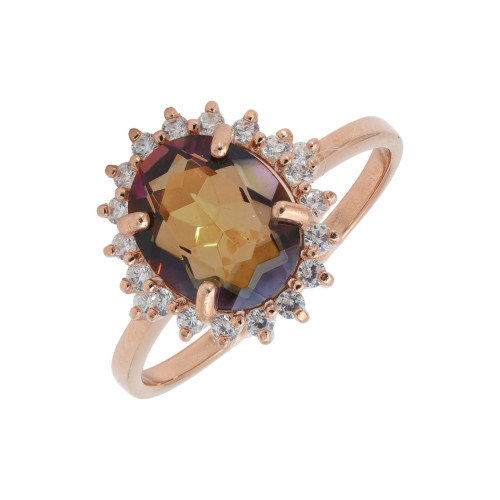 Кольцо позолоченное с горным хрусталём и фианитами