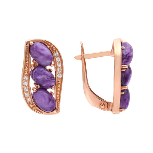 Позолоченные серьги с чароитами и фианитами