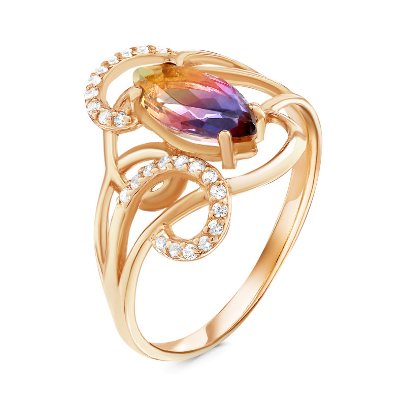 Кольцо с кварцем и фианитами