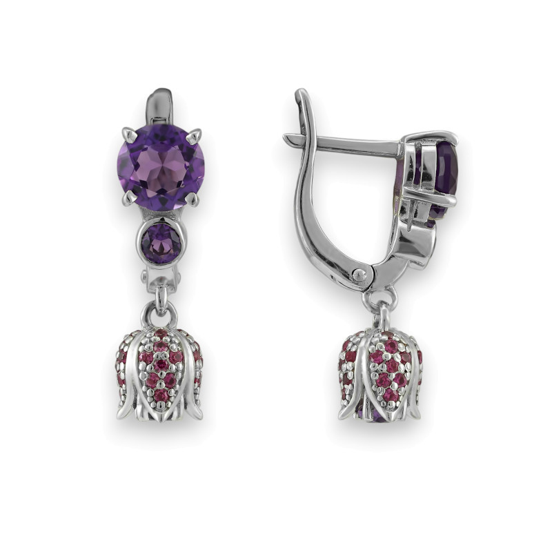 Серьги серебряные с аметистом и рубинами