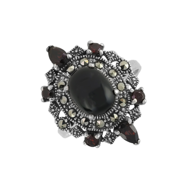 Серебряное кольцо с марказитом, ониксом и гранатом