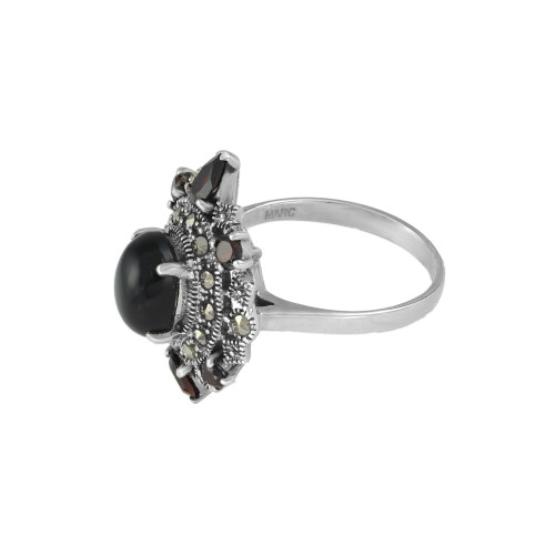 Серебряное кольцо с марказитом, ониксом и гранатом