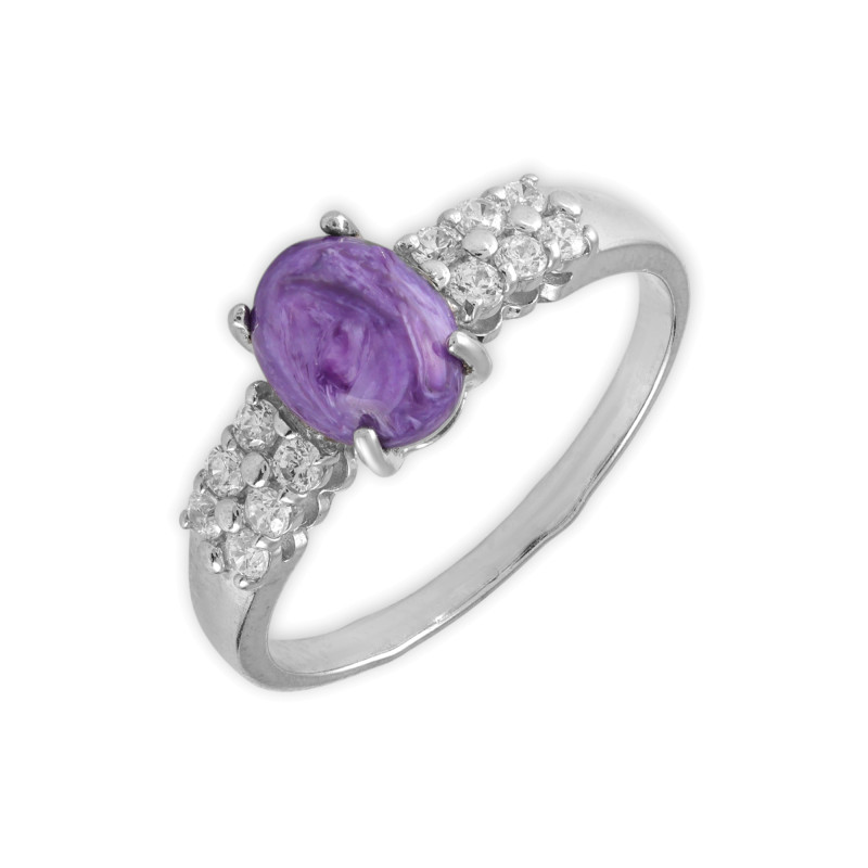 Кольцо из серебра с натуральным чароитом и фианитами