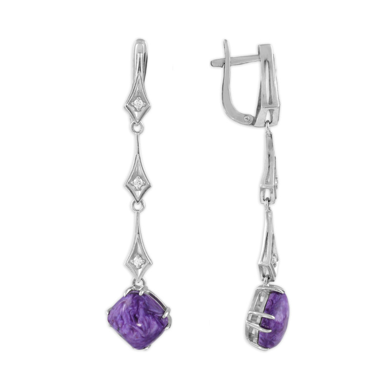 Серебряные серьги с чароитом и фианитами