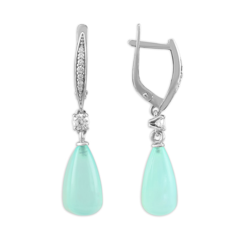 Серьги из серебра с натуральным халцедоном и фианитами