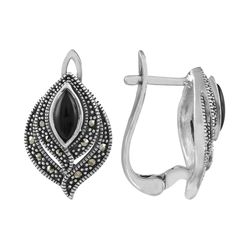 Серебряные серьги с ониксом и марказитом
