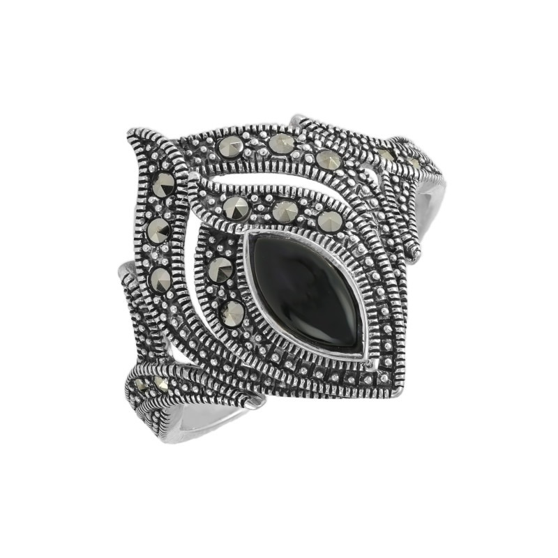 Серебряное кольцо с ониксом и марказитом