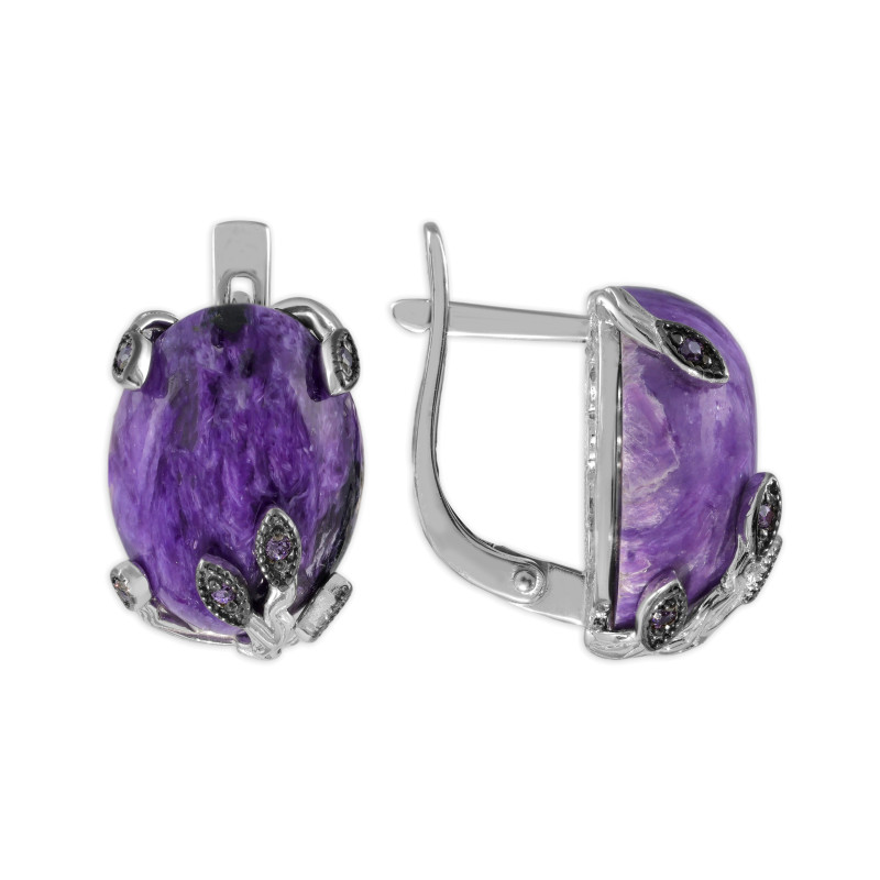 Серебряные серьги с чароитом и фианитами