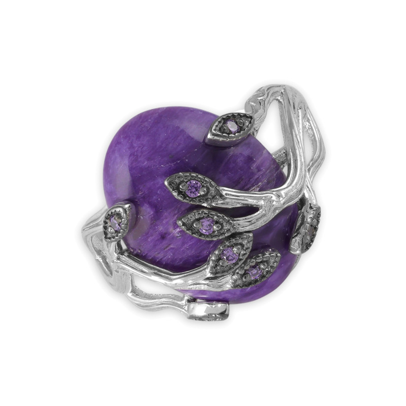 Серебряное кольцо с чароитом и фианитами