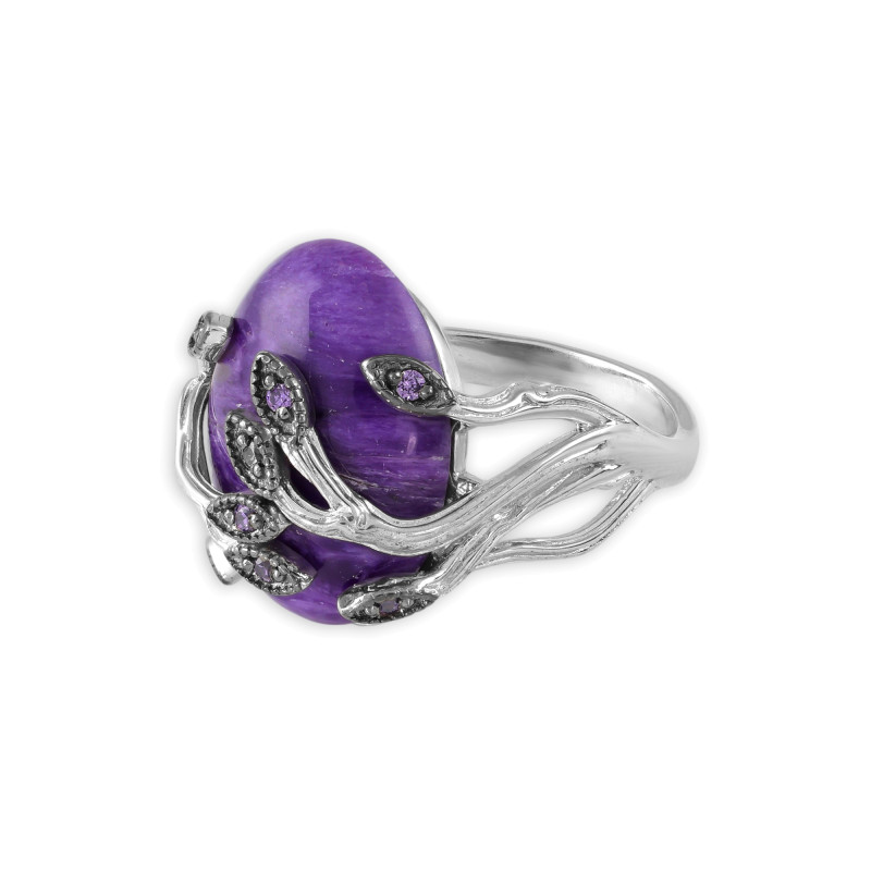 Серебряное кольцо с чароитом и фианитами