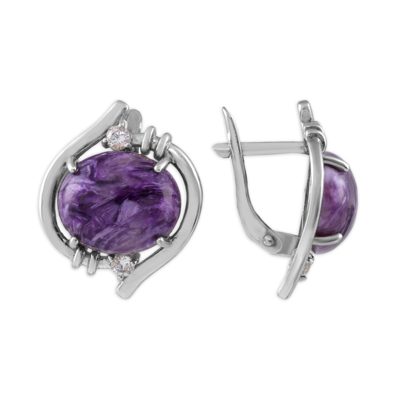 Серебряные серьги с чароитом и фианитами