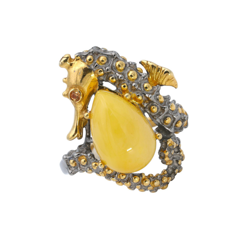 Кольцо с янтарём и фианитом