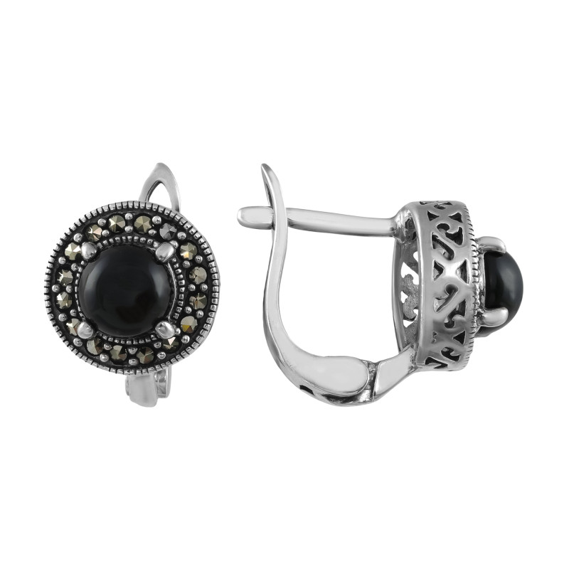 Серебряные серьги с ониксом и марказитом
