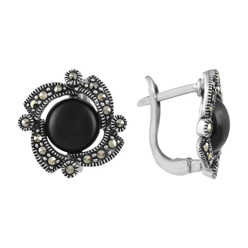 Серьги из серебра с ониксом и марказитом