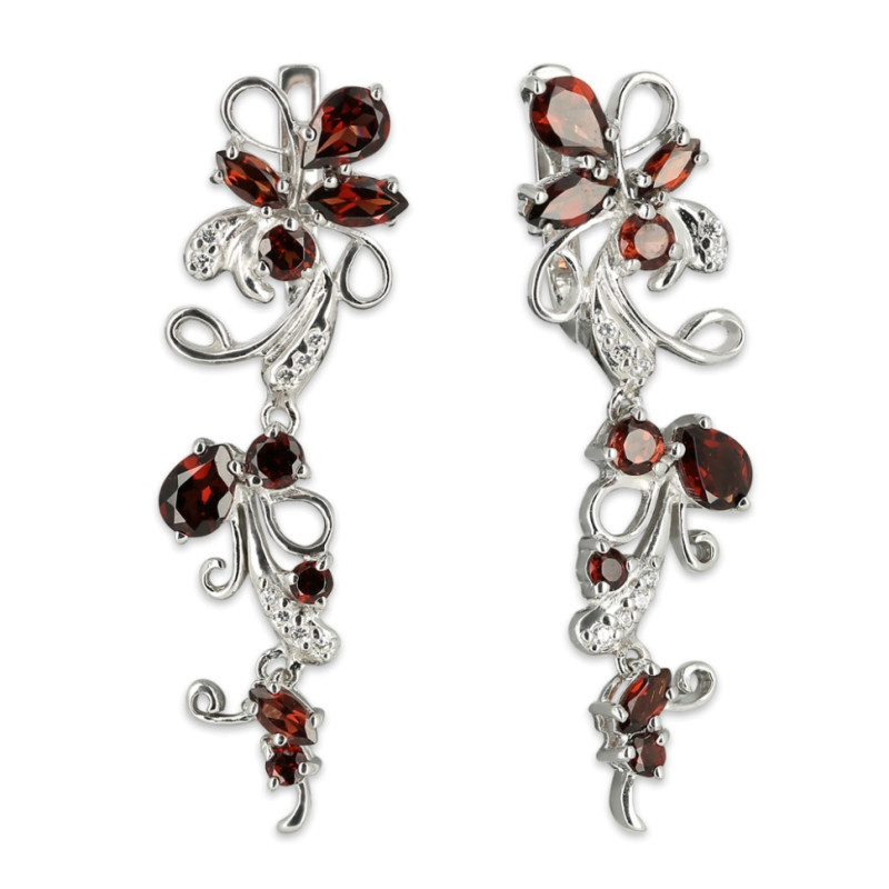 Серебряные серьги с гранатом и цирконием