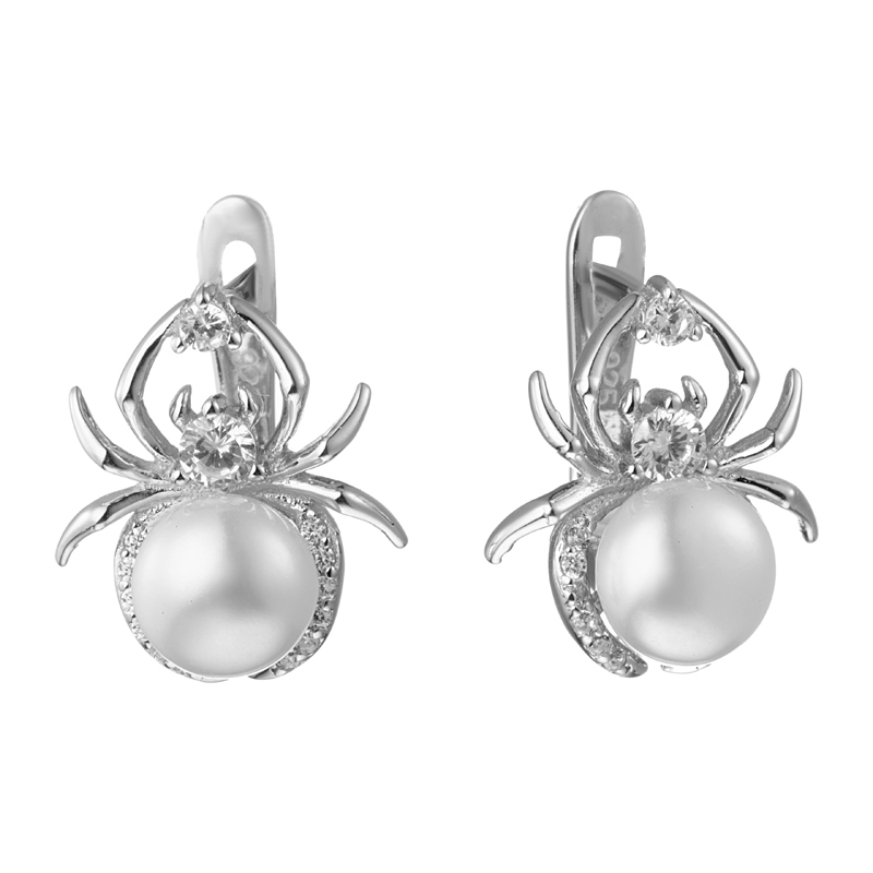 Серьги серебряные "Паук" с жемчугом