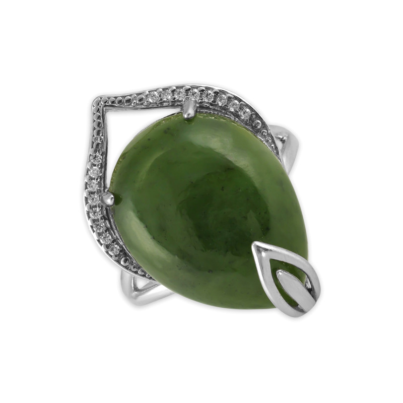 Кольцо из серебра с натуральным нефритом и фианитами