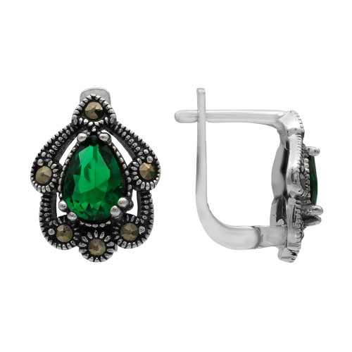 Серьги с выращенными изумрудами и марказитом