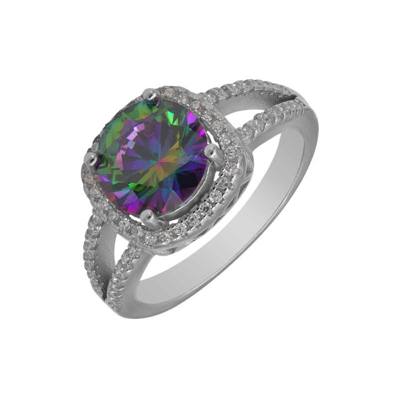 Кольцо с выращенным топазом мистик и кубическим цирконием