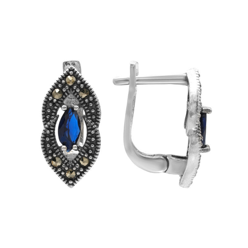 Серьги серебряные с выращенным сапфиром и марказитами