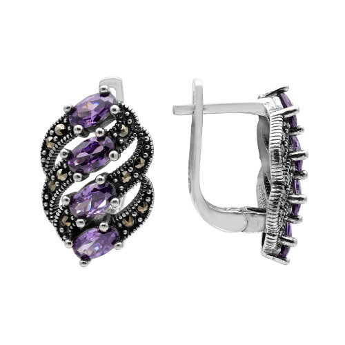 Серьиг серебряные с выращенным аметистом и марказитами