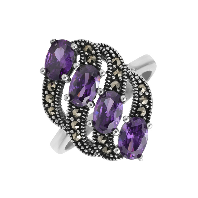Кольцо серебряное с выращенными аметистами и марказитами