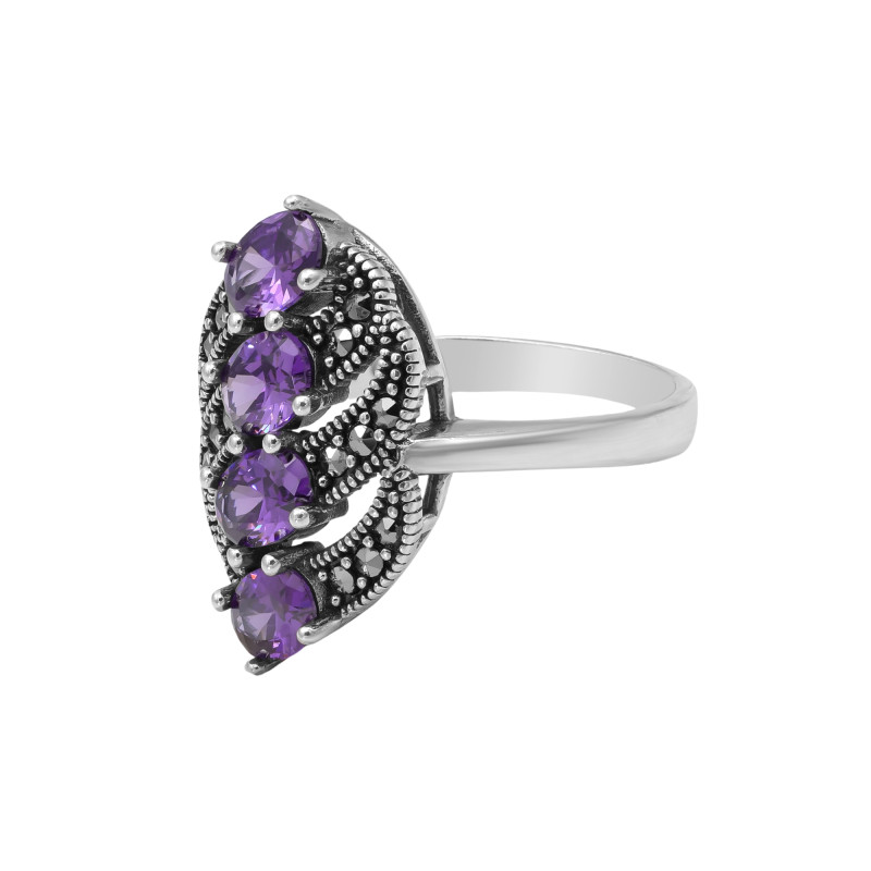 Кольцо серебряное с выращенными аметистами и марказитами