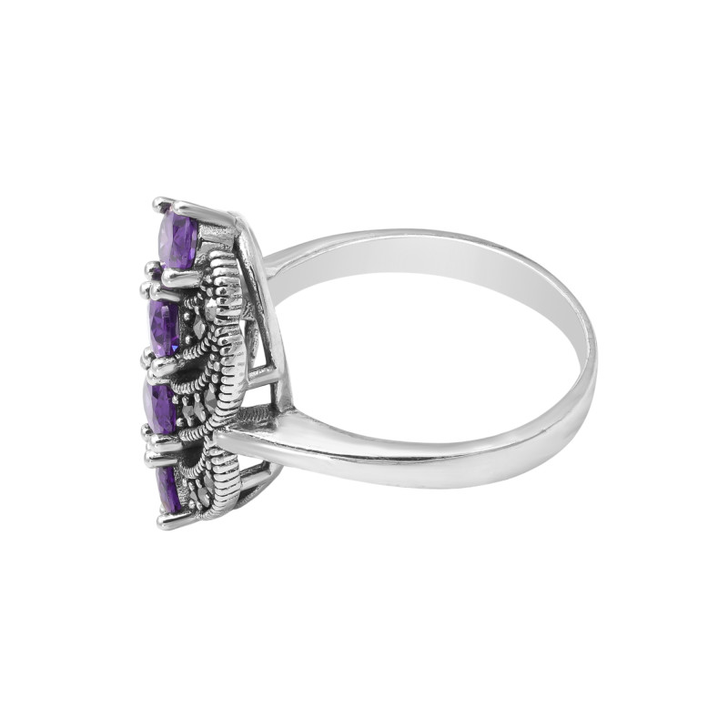 Кольцо серебряное с выращенными аметистами и марказитами